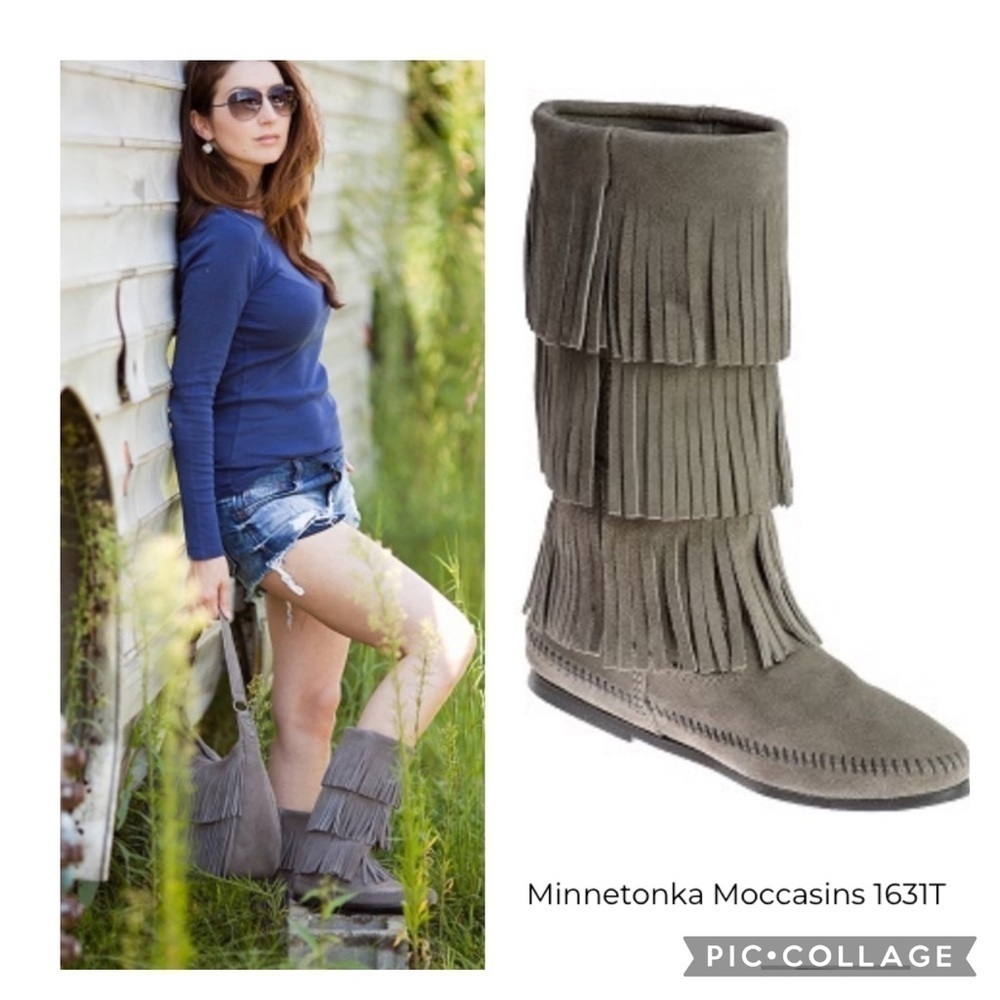 Minnetonka 3 Layer Fringe Calf High Boot - Grey S… - image 1